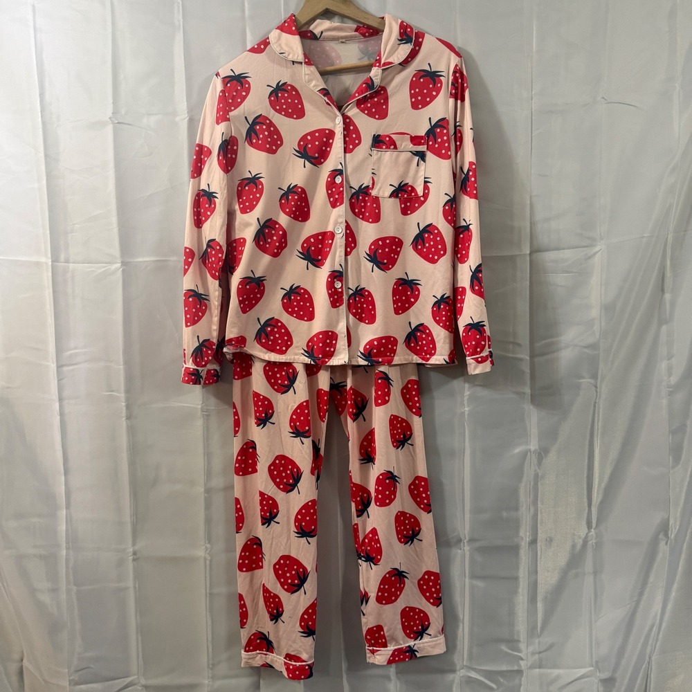Pink Strawberry Print Pajama Set Long Sleeve Button Up Top & Pants Women‎ S ps